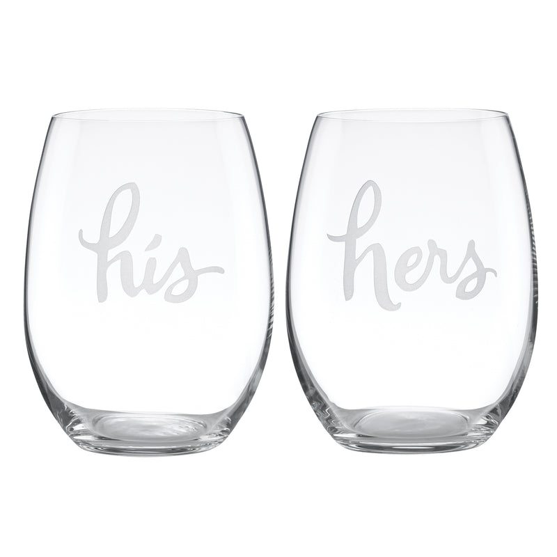 Stemless wine glasses set of 2, one labeled 'his' and one labeled 'hers'