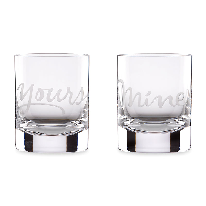 Set of 2 old-fashioned glass tumblers, etched 'Yours' and 'Mine'.