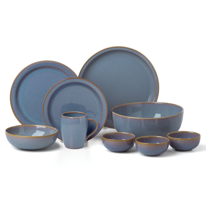 Blue ceramic dinnerware set for 4: dinner plates, bowls, mugs, and cups