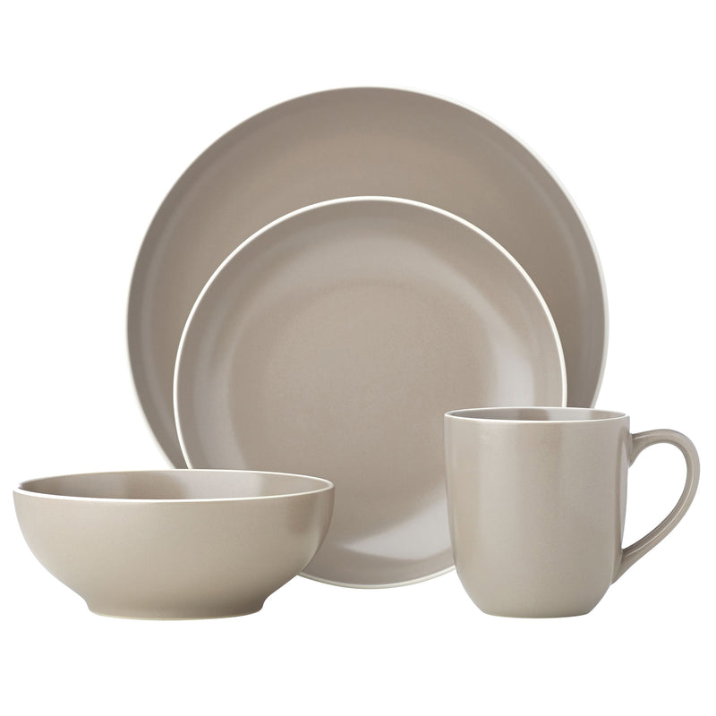 Ceramic dinnerware set in light gray: dinner plate, bowl, and mug