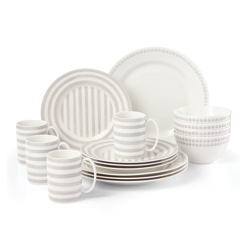 Kate Spade New York 16-piece dinnerware set: white and gray striped plates, bowls, mugs