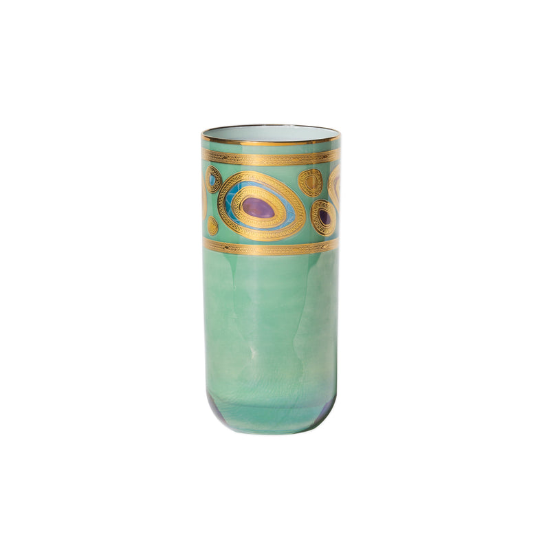 Vietri Regalia aqua highball glass with gold band and ornate medallion