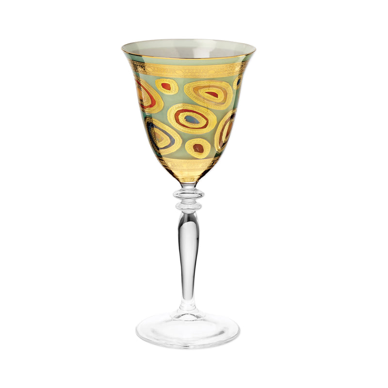 Vietri Regalia aqua wine glass with swirling gold and teal mosaic pattern