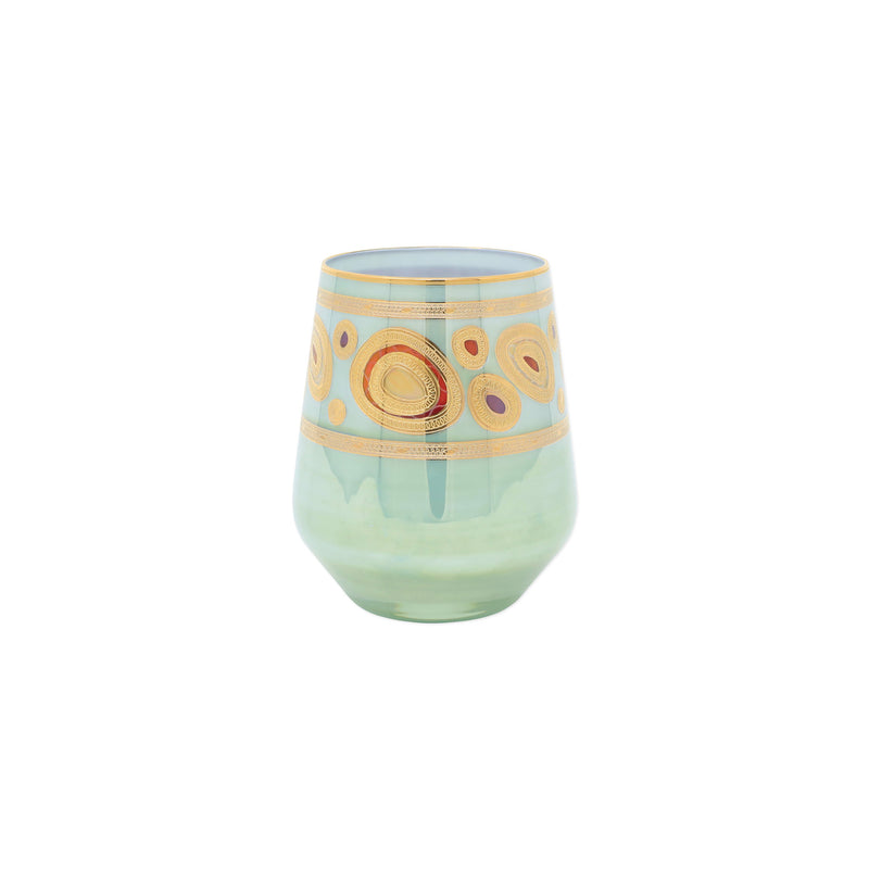 Aqua stemless wine glass with decorative circular band and orange accents