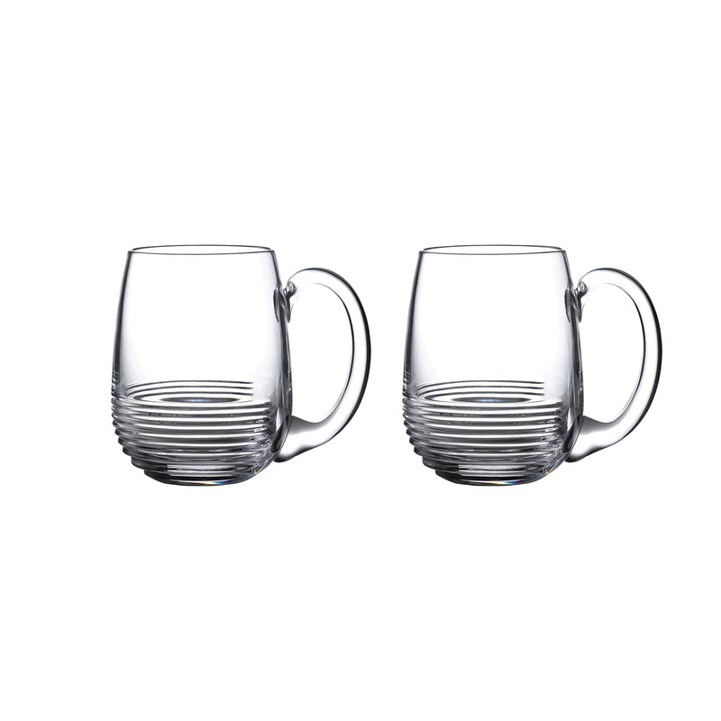 Crystal tankard glasses, set of 2, clear with ribbed base and loop handles