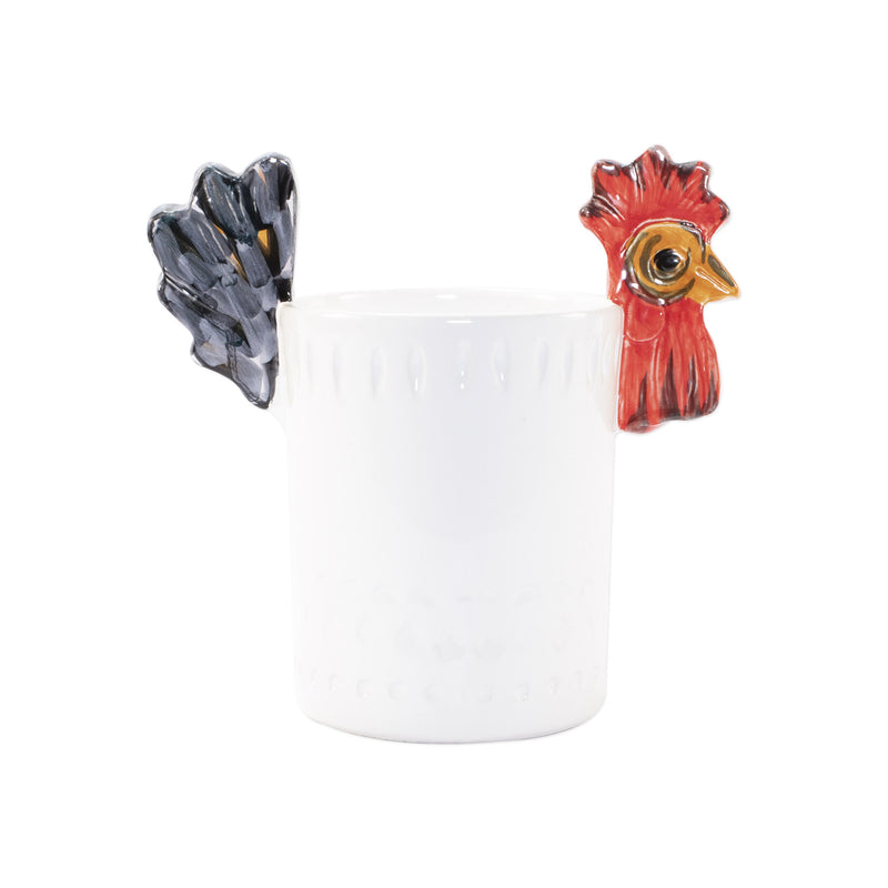 Vietri Fortunata ceramic utensil holder, white with red rooster figurine on side.