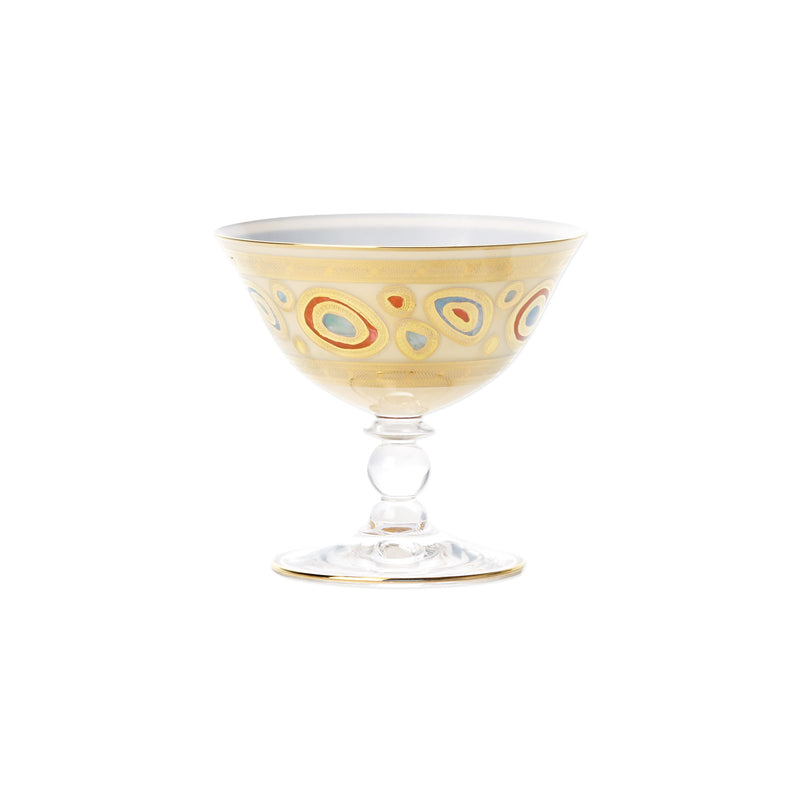 Cream dessert bowl with gold swirl pattern and pedestal stem base