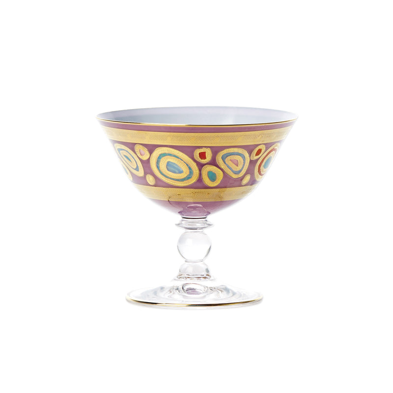 Purple dessert bowl with gold trim and ornate swirl pattern