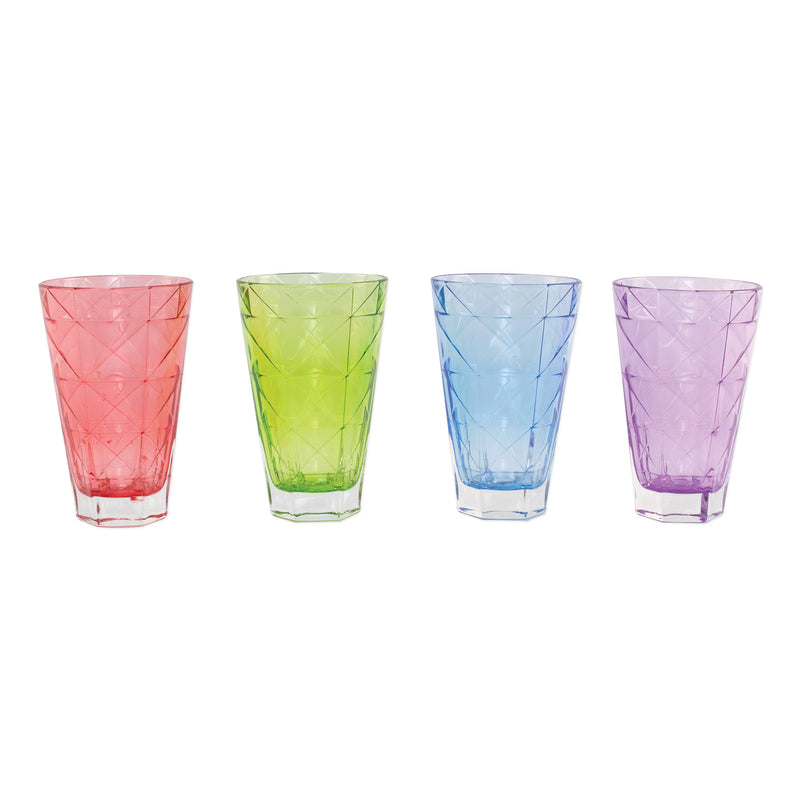 Set of four prism-pattern tall tumbler glasses, pink green blue and purple