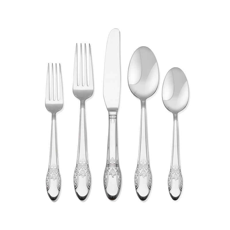 Stainless steel flatware set with engraved handles, forks and spoons