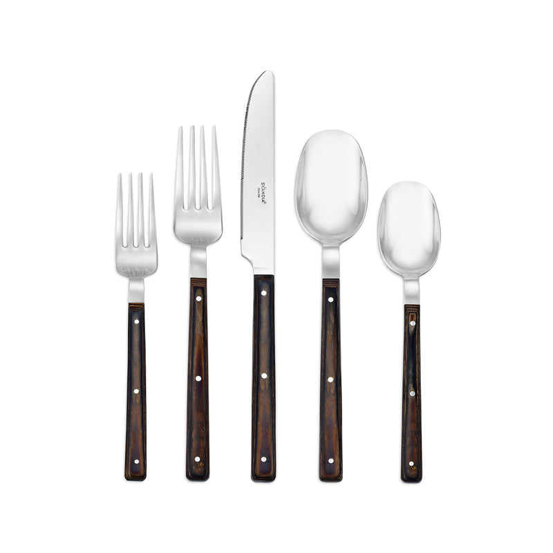 Stainless steel flatware set with dark pakkawood handles and mirrored finishes