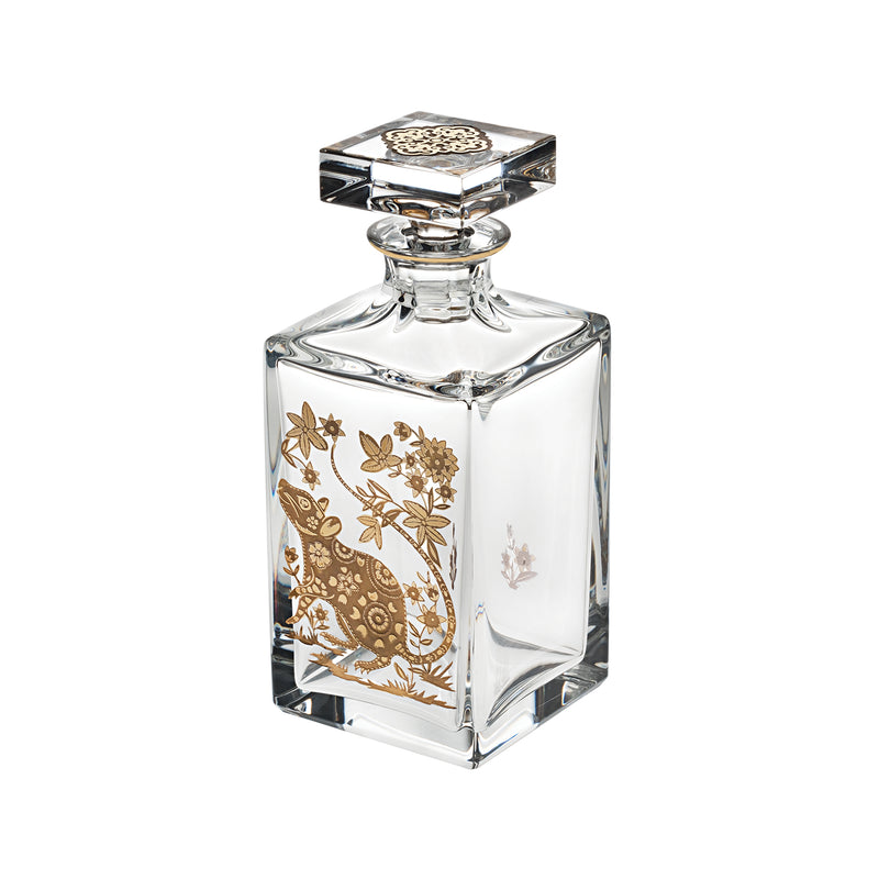 Clear glass whiskey decanter with gold rat and floral etching