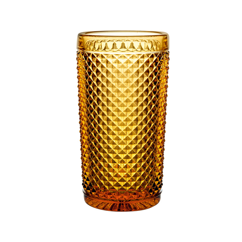 Set of 4 amber highball glasses with faceted geometric diamond texture