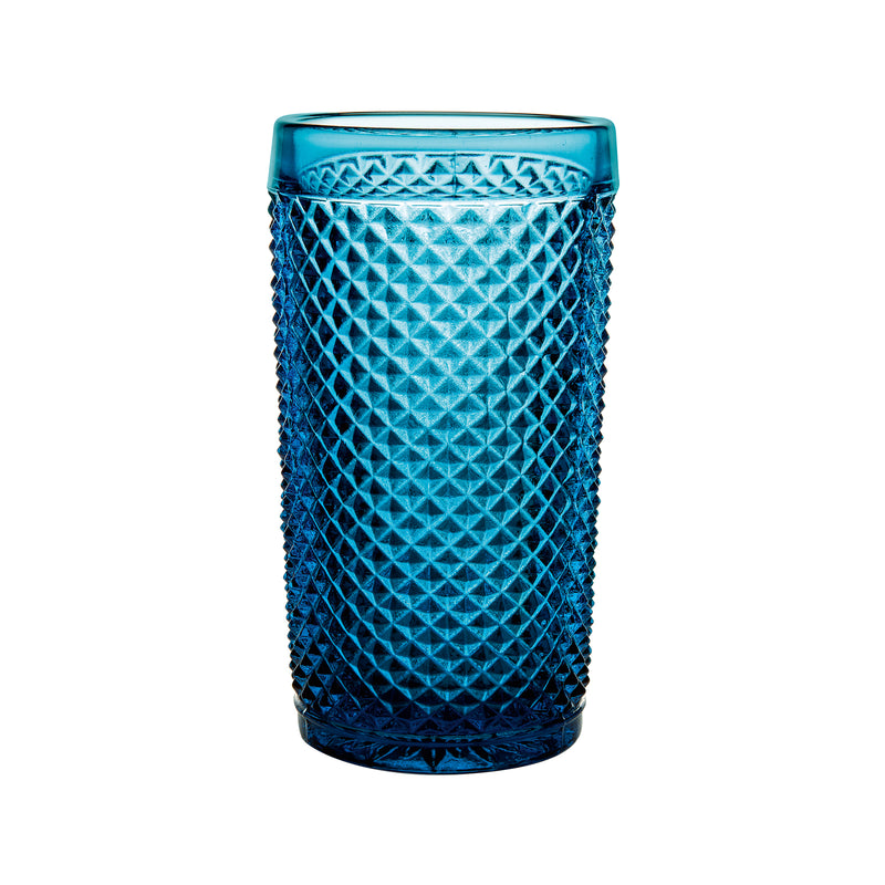 Blue highball glass with diamond cut pattern and textured base, set of 4
