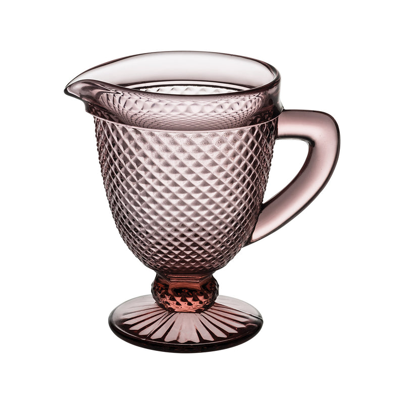 Vista Alegre Bicos pink glass pitcher with diamond pattern, handle, and fluted base