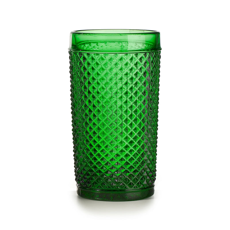 Set of 4 green highball glasses with diamond cut pattern and thick rim