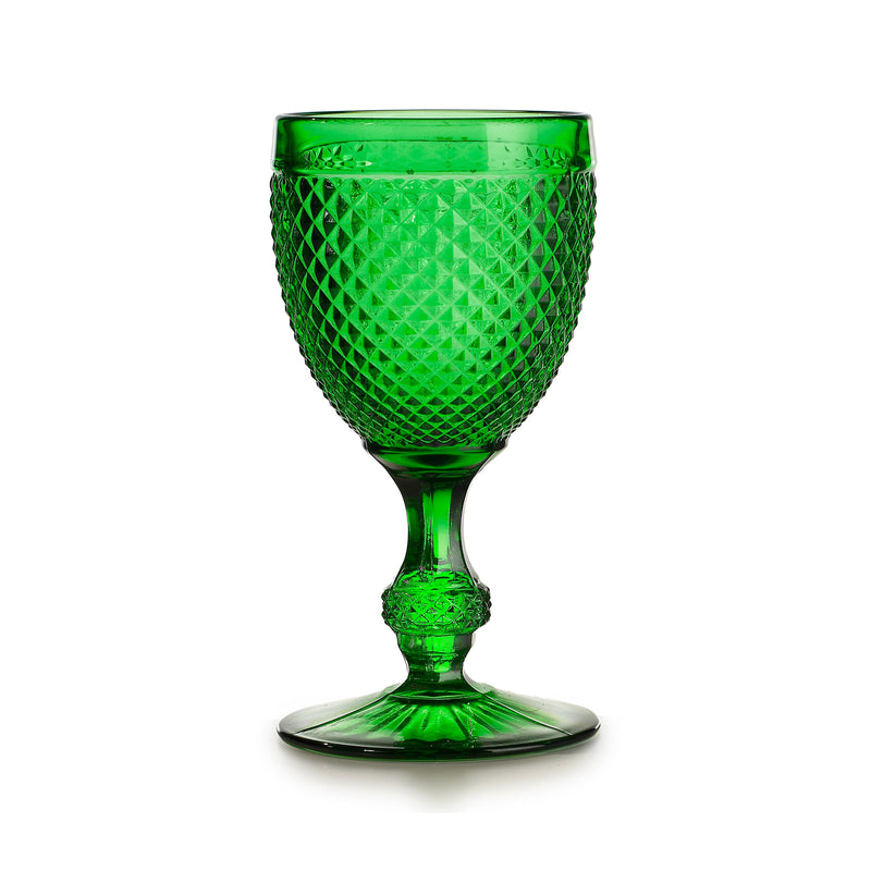 Vista Alegre Bicos green water goblet glass with faceted diamond pattern and fluted stem