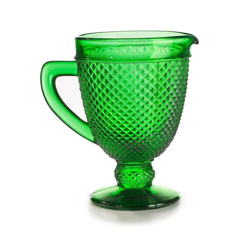 Vista Alegre Bicos green glass pitcher with diamond-pattern body, handle and pedestal base