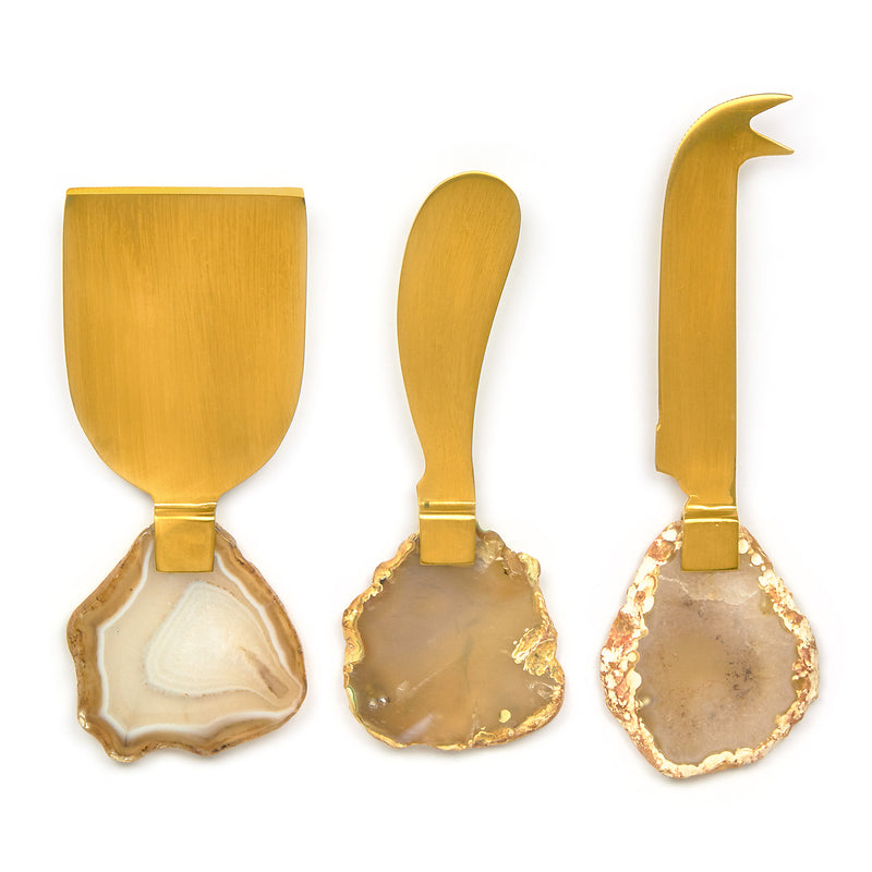 Set of 3 cheese knives with gold handles and natural agate slices, multicolor stone tips