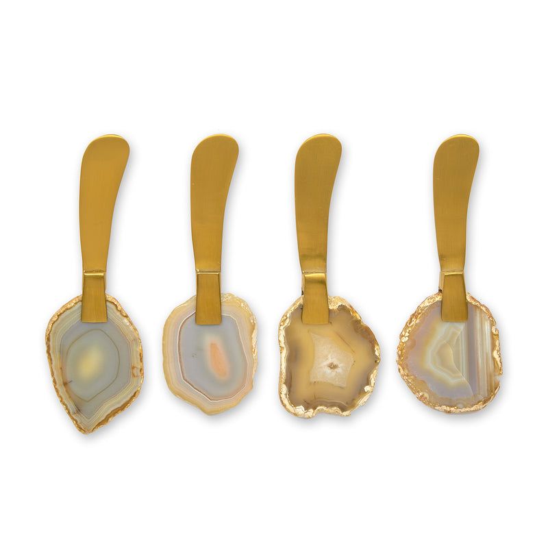 Set of 4 agate-handled spreaders with gold-toned handles and agate slice tips
