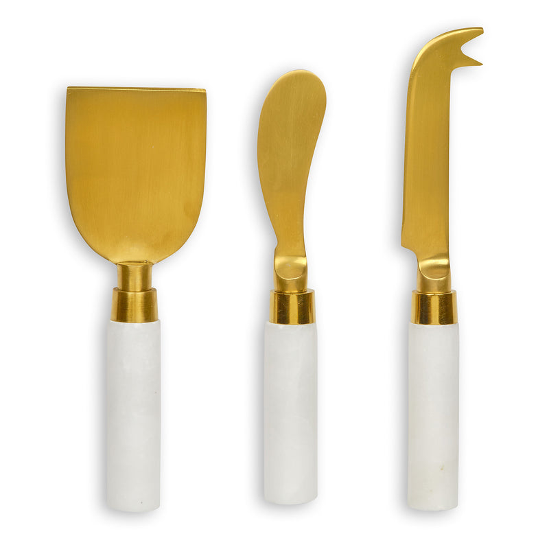 Set of 3 gold cheese knives with white marble-style handles