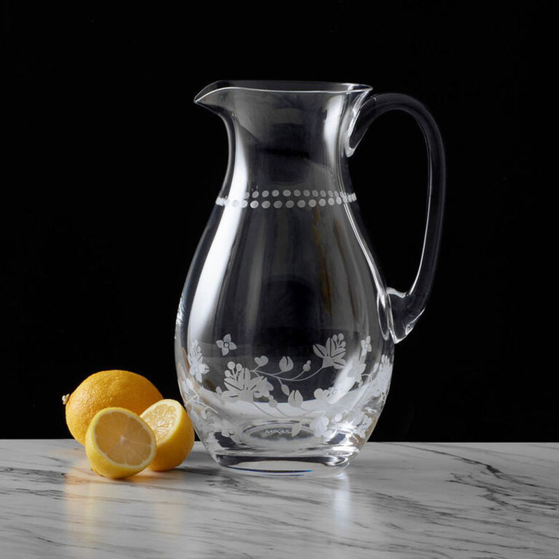Mikasa vintage floral glass pitcher, clear with etched flower pattern and handle