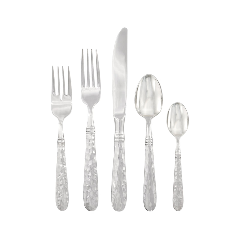 5-piece place setting flatware set with five silver-toned utensils