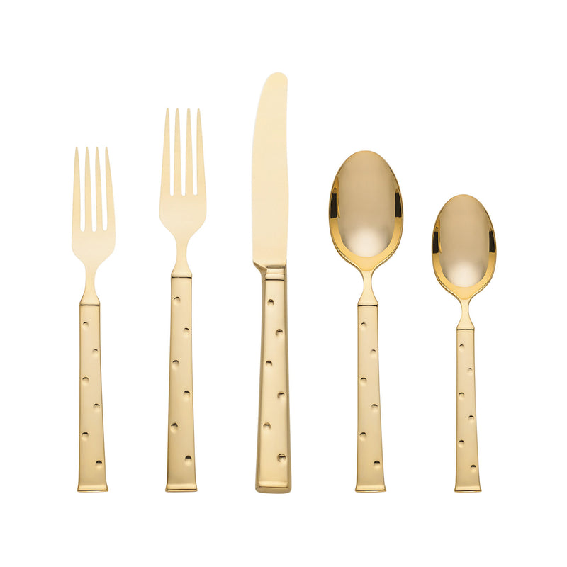 Gold stainless steel 5-piece flatware set with dot-embossed handles: fork, knife, spoon
