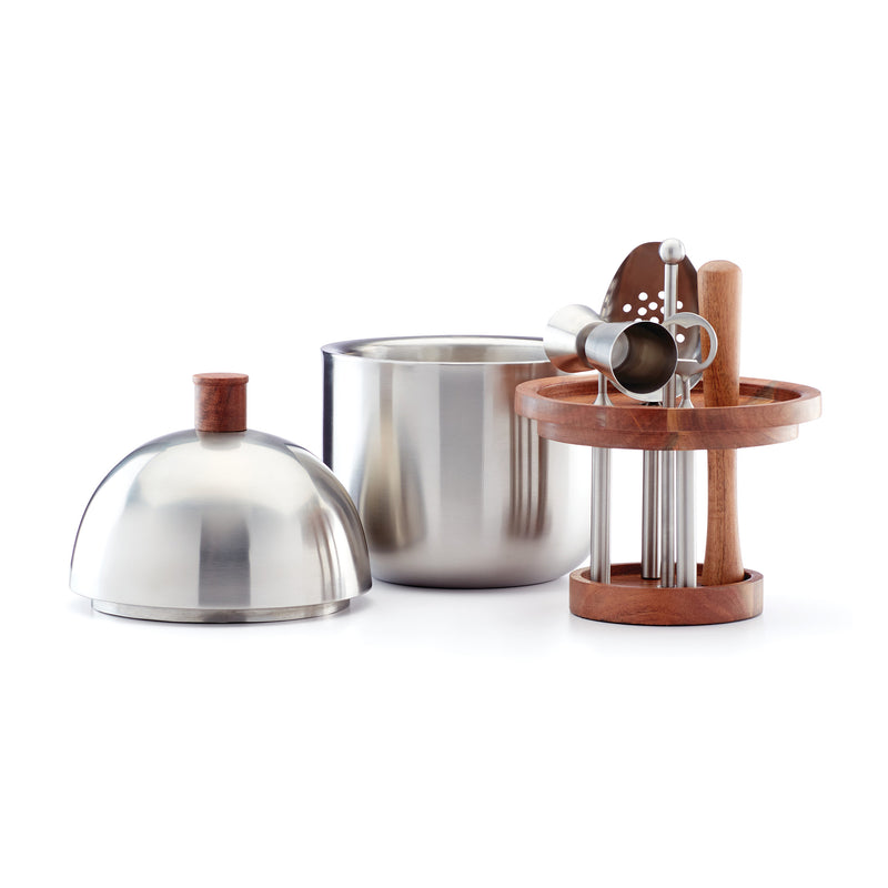 Lenox stainless steel bar tool set with wooden stand and jigger, shaker lid