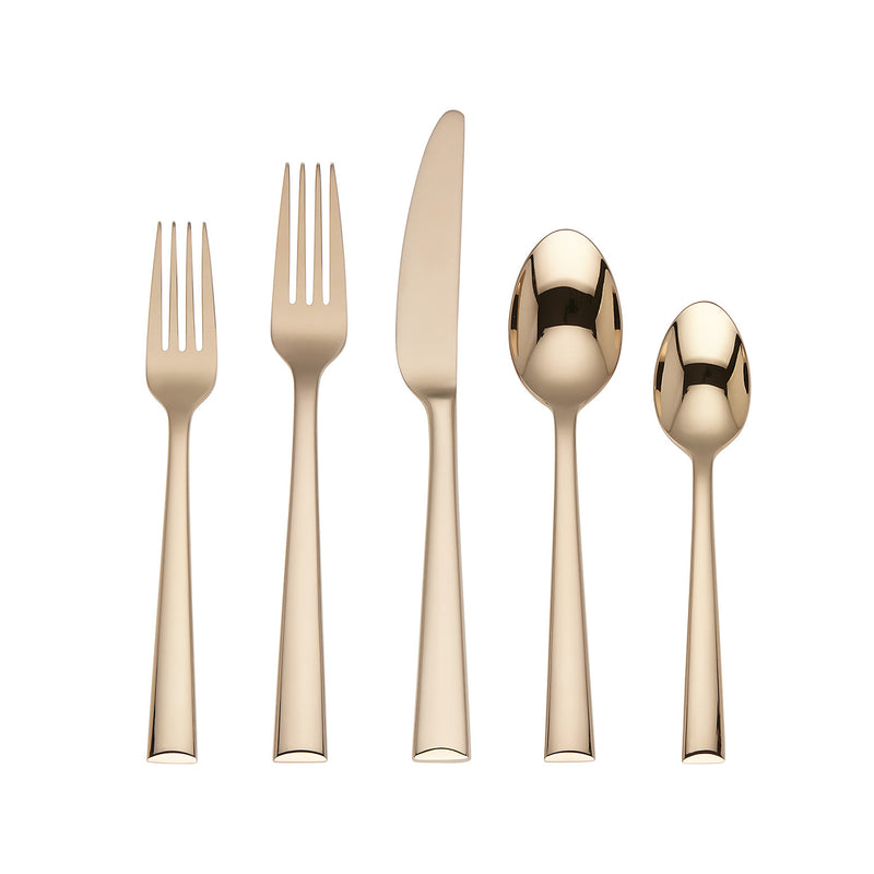 Champagne-tone 18/10 stainless steel 5-piece flatware set: fork, knife, spoon, teaspoon