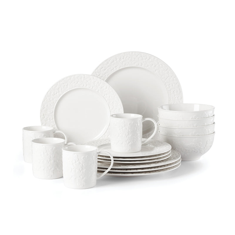 16-pc white embossed dinnerware set with plates, bowls and mugs