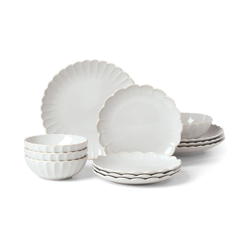 Lenox French Perle 12‑pc dinnerware set: scalloped white plates and bowls