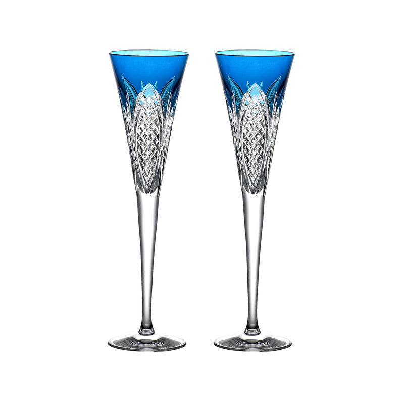 Set of 2 cobalt blue crystal toasting flutes with faceted diamond pattern