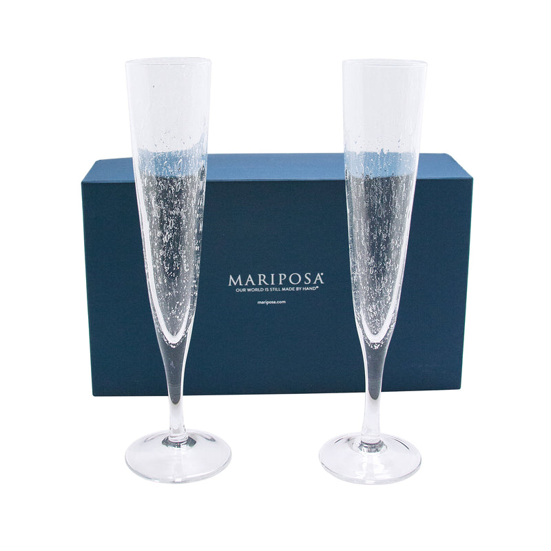 Set of 2 champagne flutes with gift box, tall clear glasses with speckled sparkle
