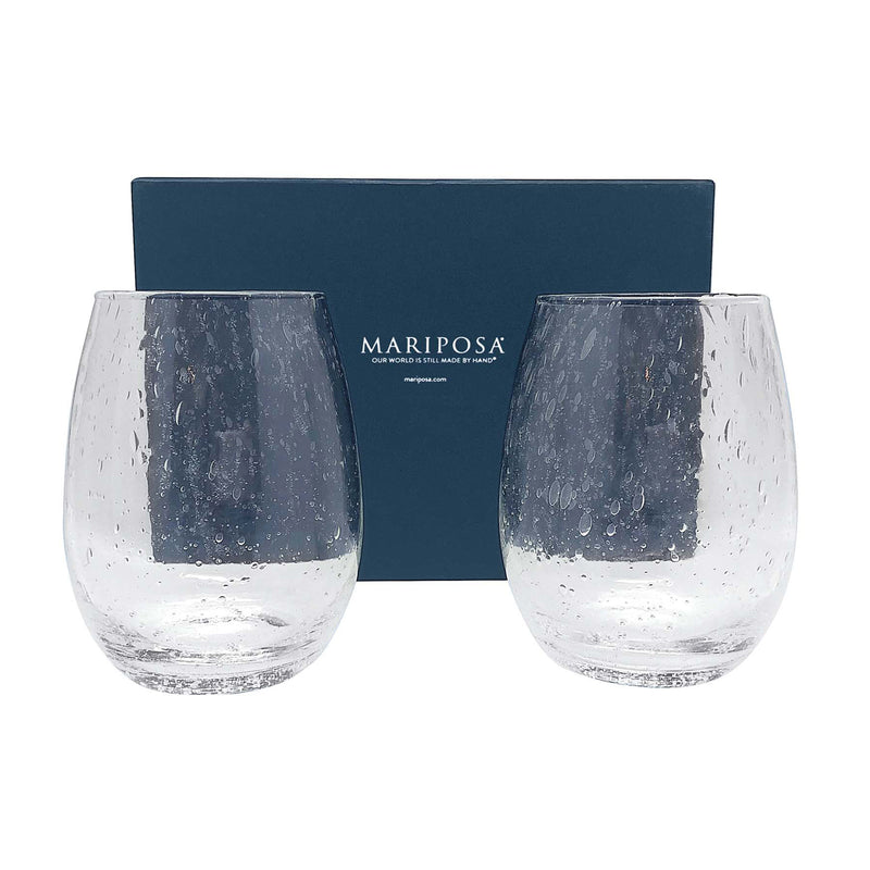 Mariposa Bellini set of 2 stemless wine glasses with dark blue panels, gift box