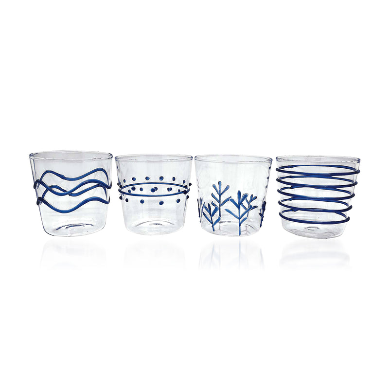Set of 4 clear double old-fashioned glasses with blue applique patterns