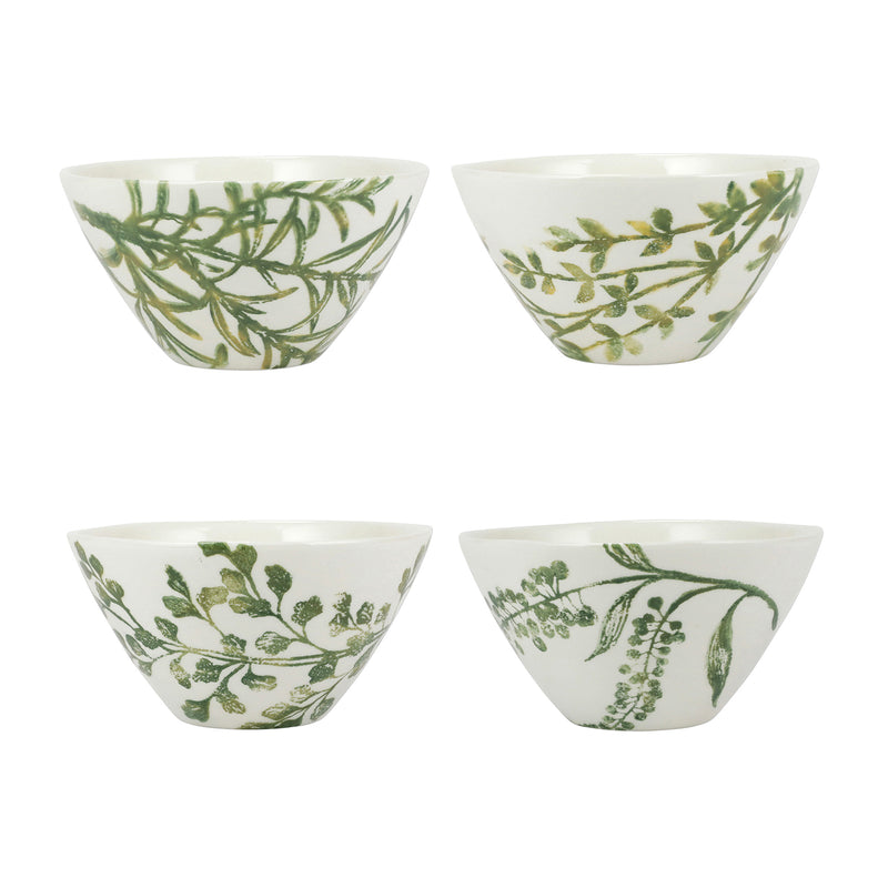Set of four Vietri Fauna Flora cereal bowls, white with green botanical leaf designs