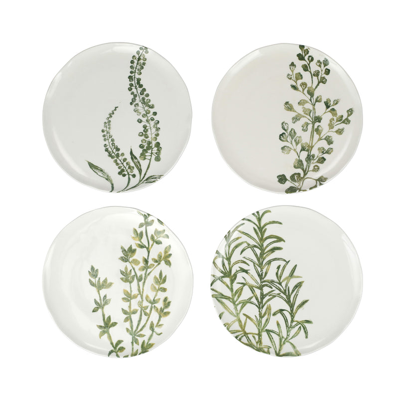 Vietri Fauna Flora set of 4 salad plates, white with green botanical prints
