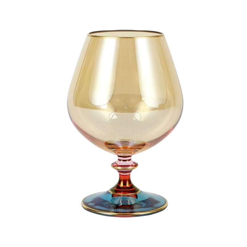Blue and amber glass brandy snifter with gold rim and ornate stem base