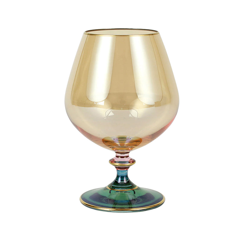 Green brandy snifter glass with gold rim and decorative banded base
