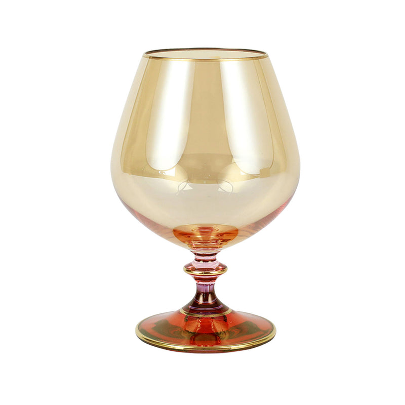 Red brandy snifter glass with gold rim, red bowl, and stemmed base