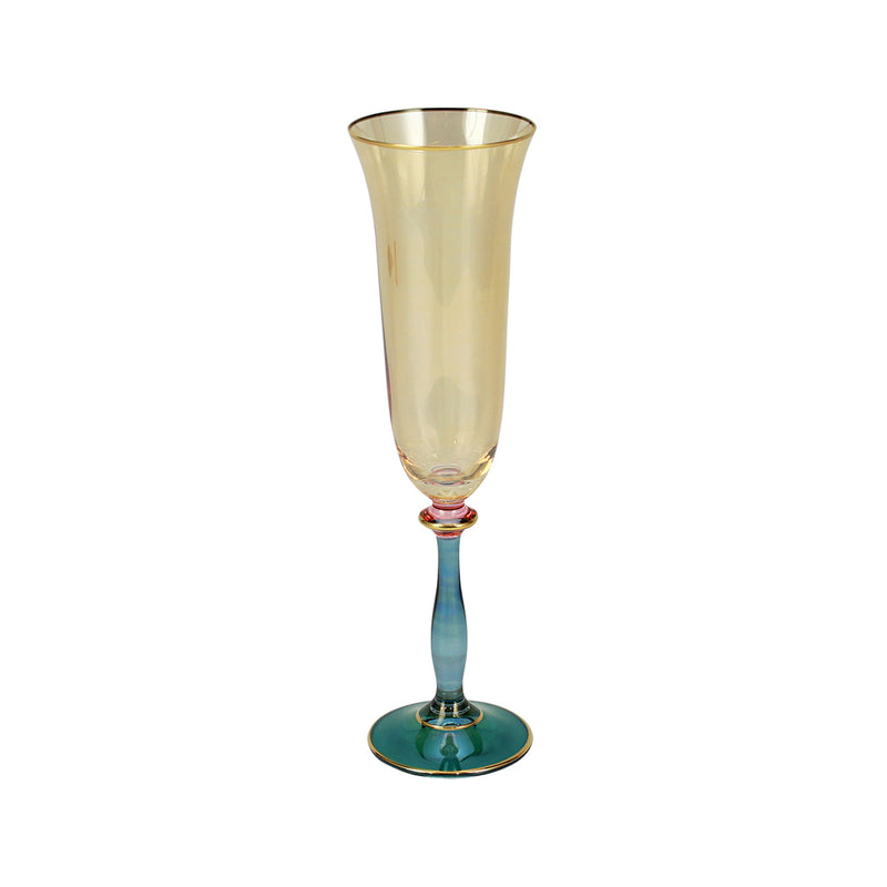 Vietri Regalia Deco green champagne glass with gold rim, fluted stem, green base