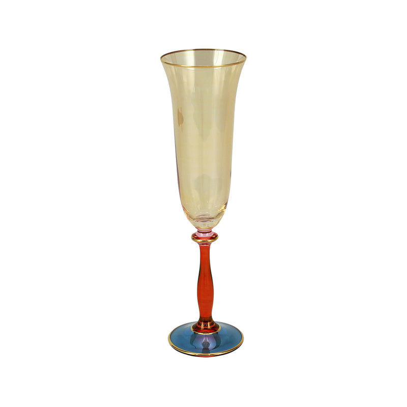 Vietri Regalia Deco blue champagne glass with gold cup and red stem, round base