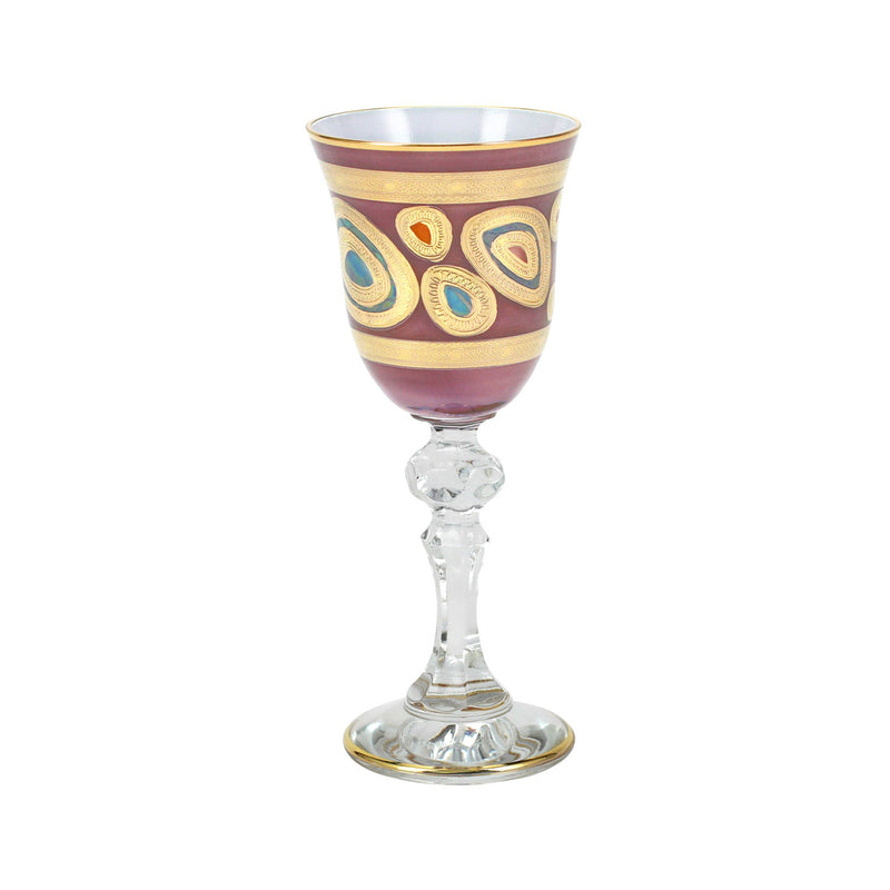 Vietri Regalia purple cordial glass with gold scroll design and clear stem