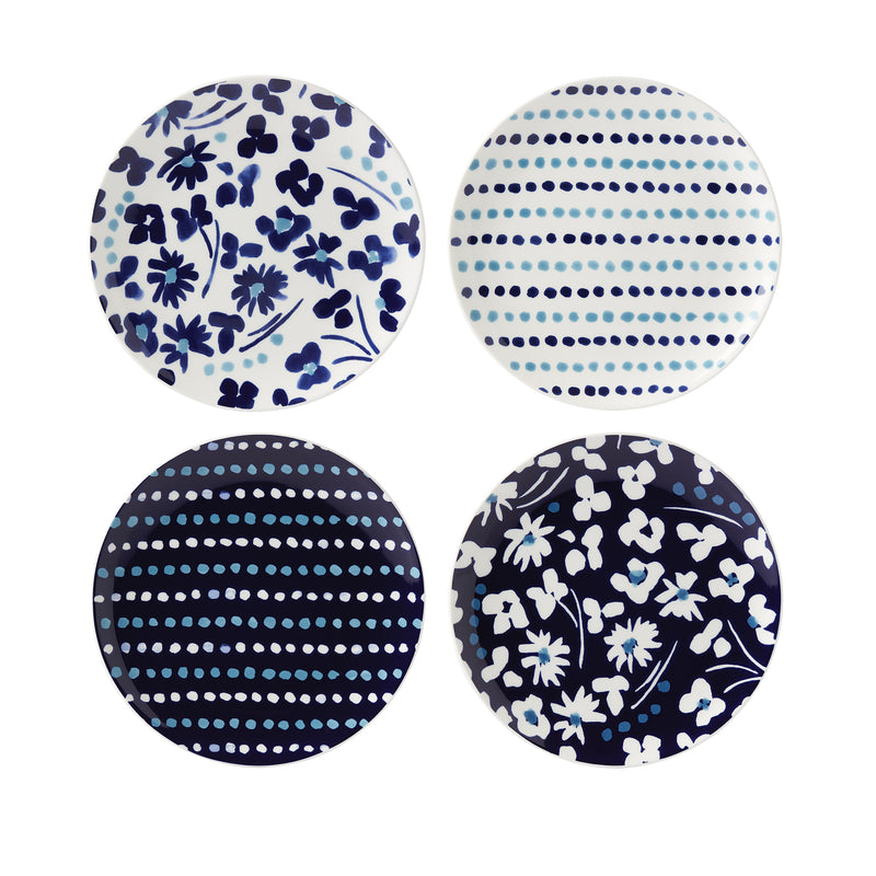 Kate Spade New York set of 4 round accent plates, blue floral and stripe patterns