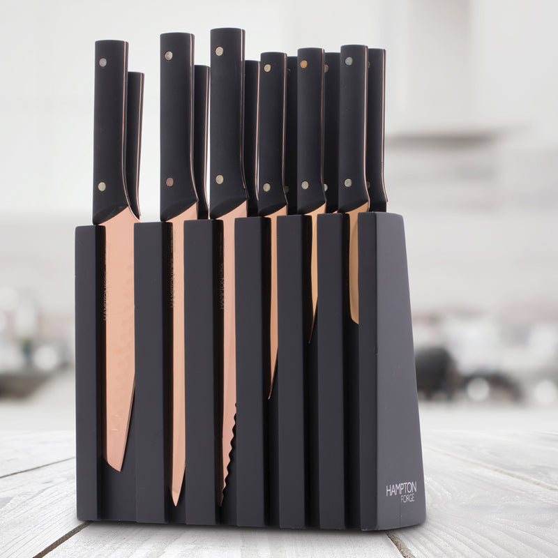 Hampton Forge Knight Copper 13-pc cutlery block set with black handles and copper-tone blades