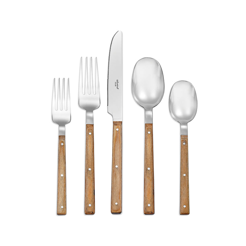 18/10 stainless flatware set with wood-grain handles, 20-piece service for 4, Bondi