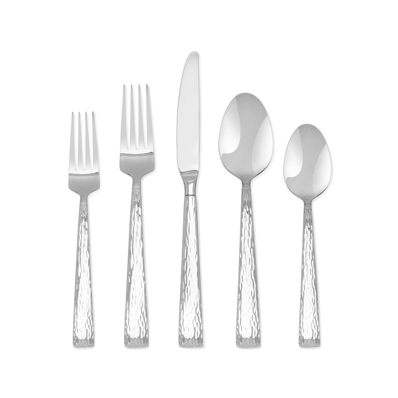 Hammered 18/10 stainless steel flatware set: fork, knife, spoon, and serving pieces