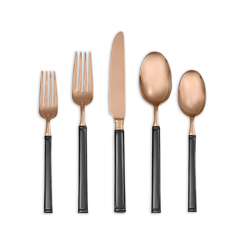 Stainless steel flatware set with black handles and copper-toned enamel heads, 5-piece view