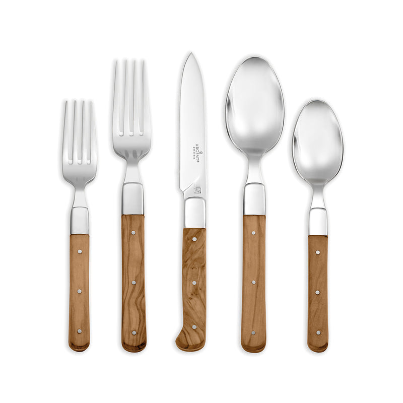 5-piece place setting with stainless steel utensils and olive wood handles